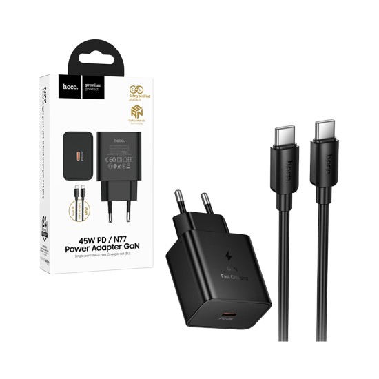 Adaptador Hoco N77 Star de Porta Única PD45W GAN com Cabo (Tipo C para Tipo C) Preto